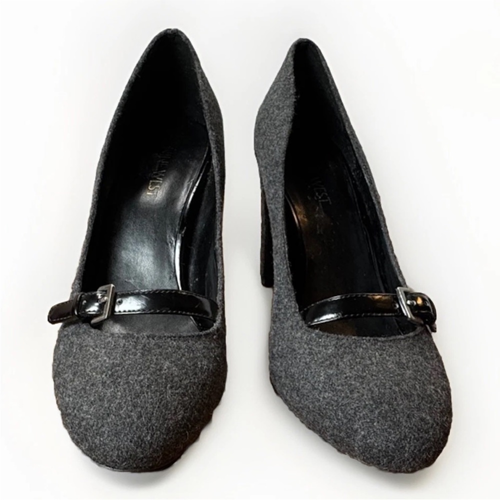 (7.5.) NINE WEST Dark Gray Textile Tall Heeled Shoes w/ Patent Leather - Picture 12 of 12
